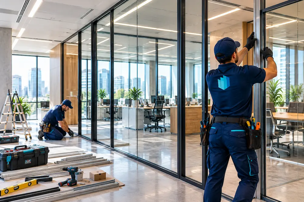 Técnico instalando divisiones interiores para redistribuir espacios de una oficina.