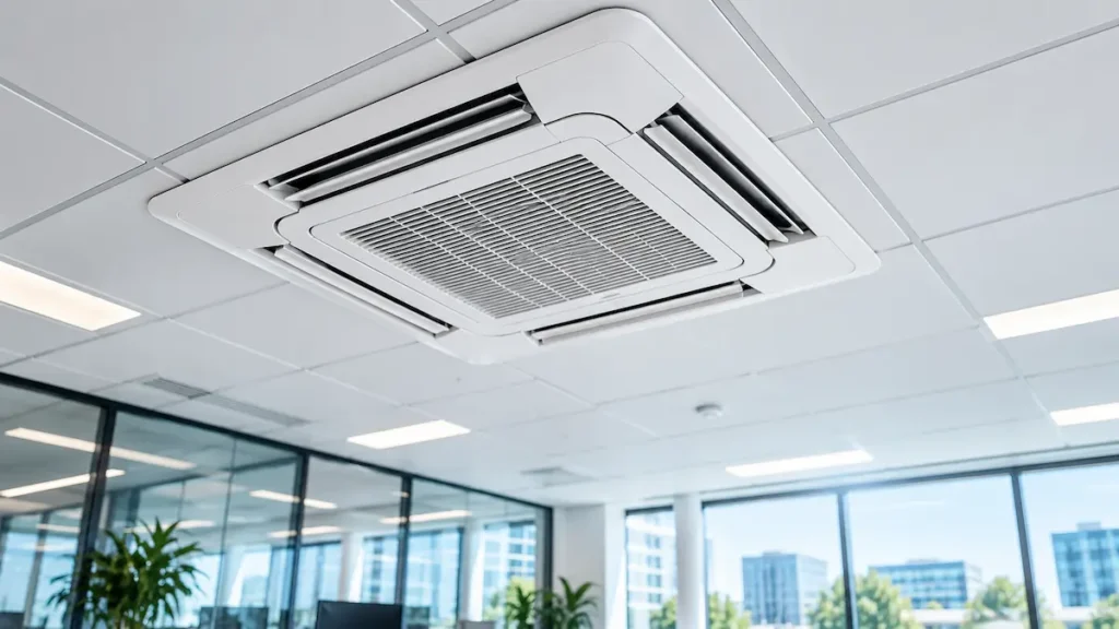 Sistema de aire acondicionado de techo en instalaciones empresariales.