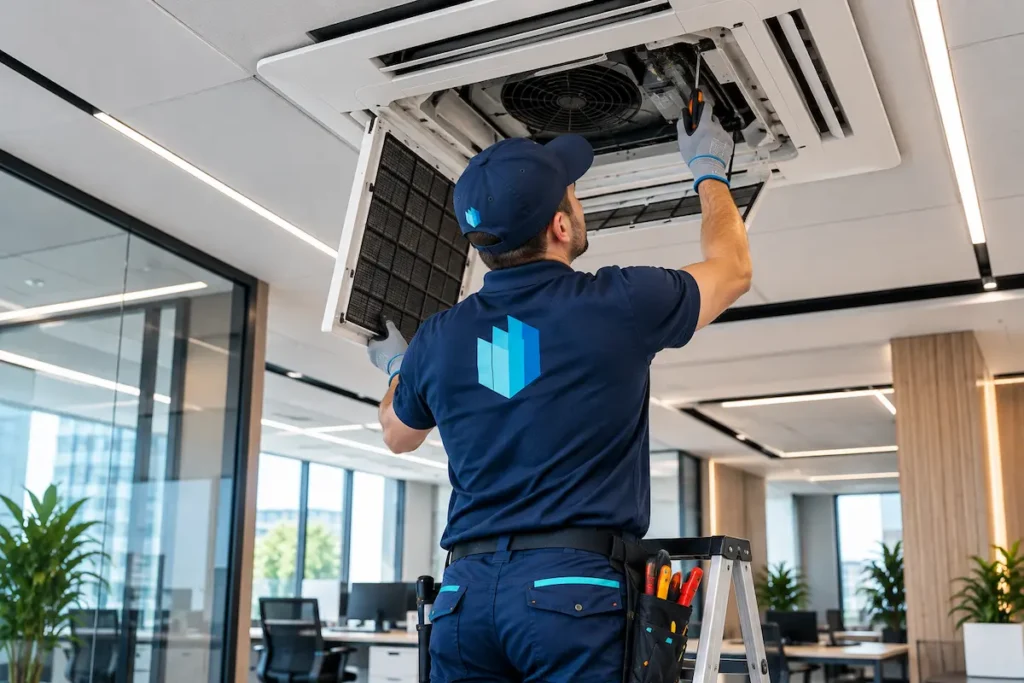 Técnico de SCALA revisando un sistema de aire acondicionado en una oficina moderna.