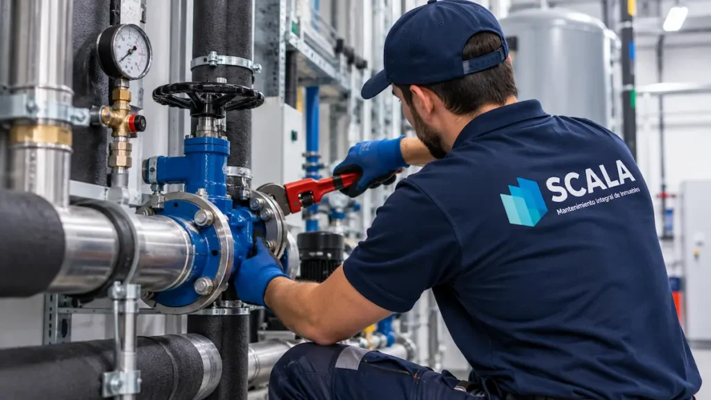Técnico de fontanería realizando trabajos de mantenimiento en tuberías de agua.