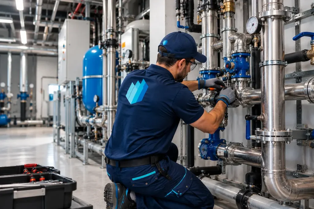 Profesional de SCALA realizando mantenimiento de tuberías y válvulas de agua.