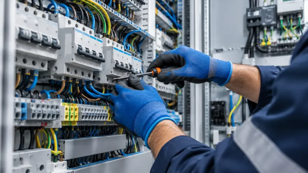 Técnico electricista revisando un cuadro eléctrico en un edificio empresarial.