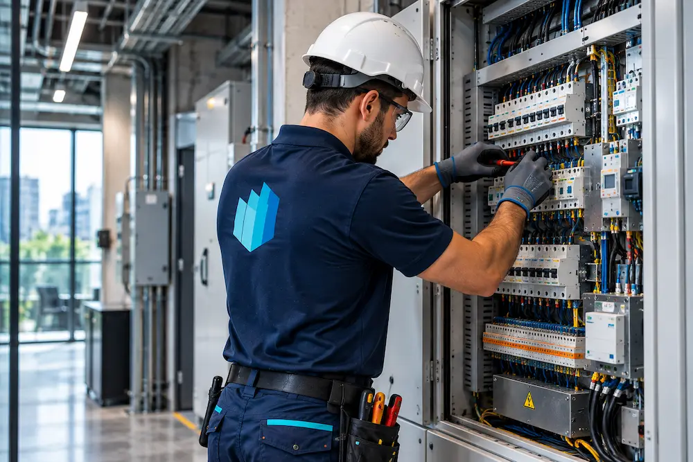 Técnico de mantenimiento revisando un cuadro eléctrico en un edificio corporativo.