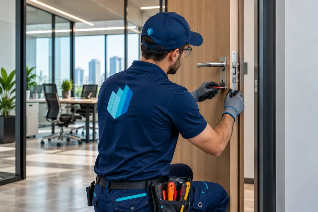 Técnico de SCALA realizando trabajos de reparación de una puerta y cerradura en oficinas.