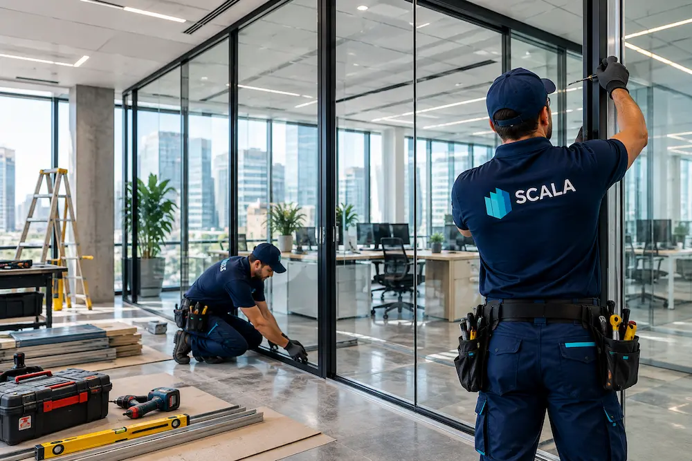 Técnicos realizando trabajos de reforma y adecuación de una oficina moderna.